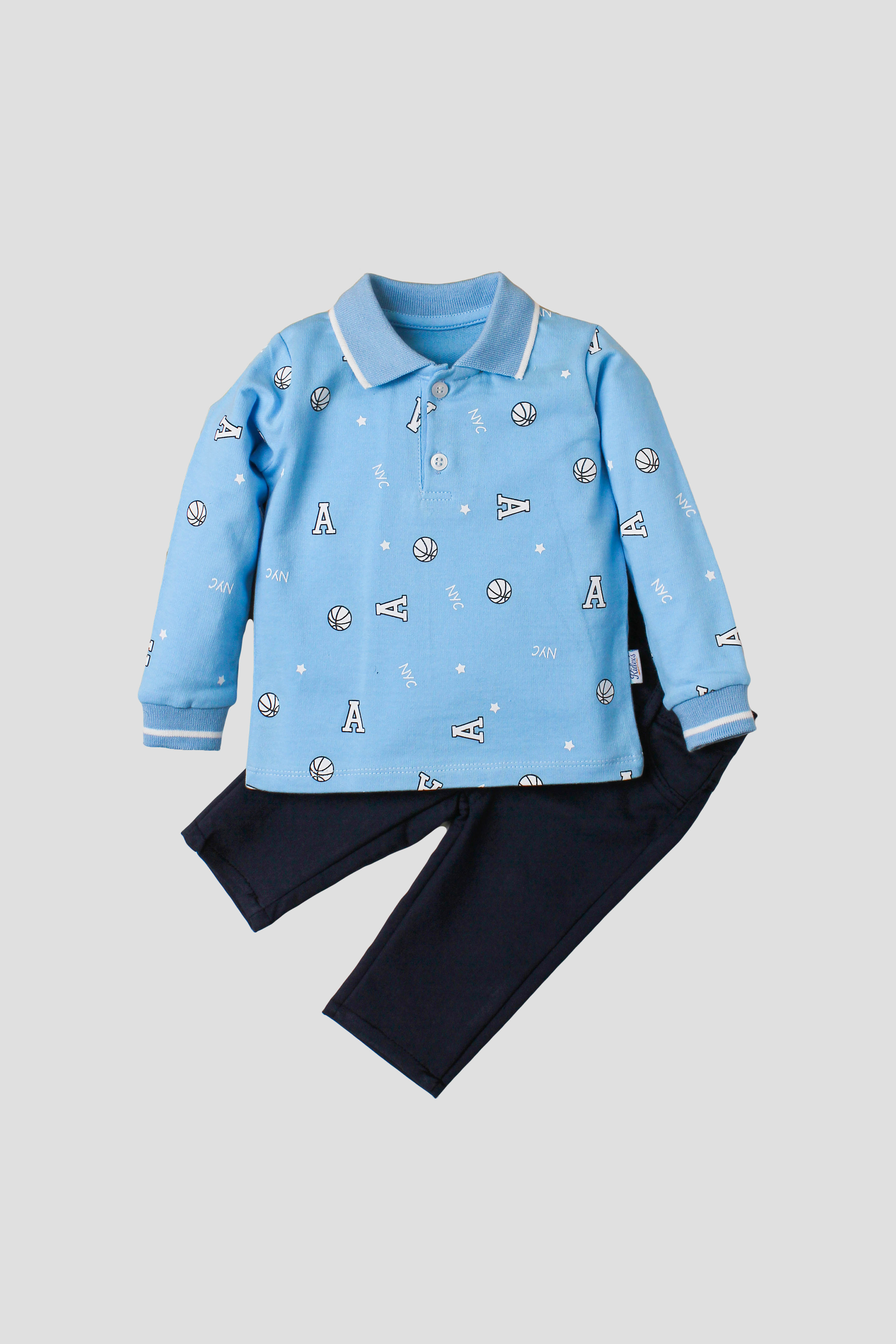 Erkek Bebek Polo Yaka Baskılı Sweat Pantolon 2’li Takım Bej 6 24 Ay